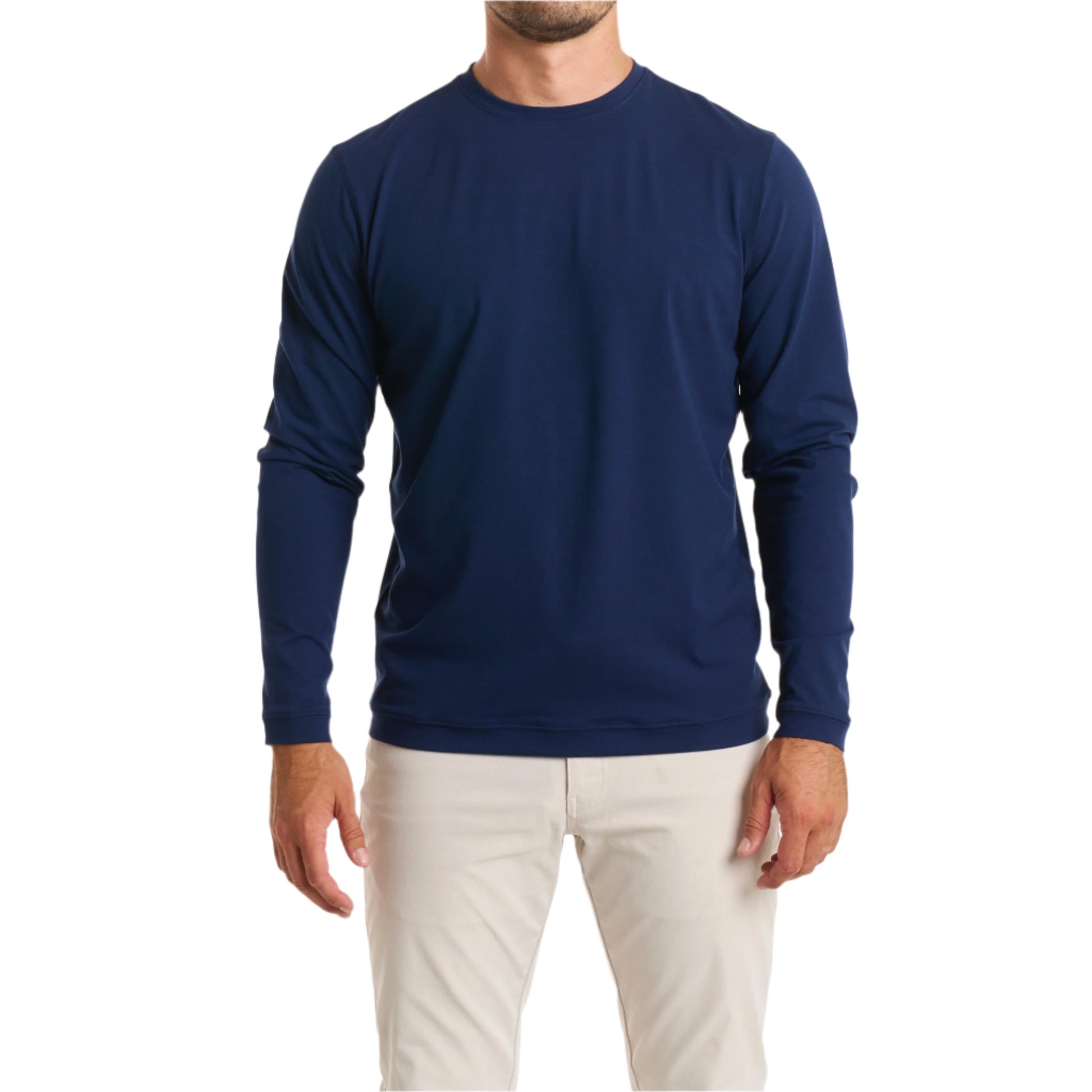 Close-up of a man wearing The Surfside Longsleeve Tee in beaufain blue color with cream white color pants, cropped from chin to knees, against a solid white background.