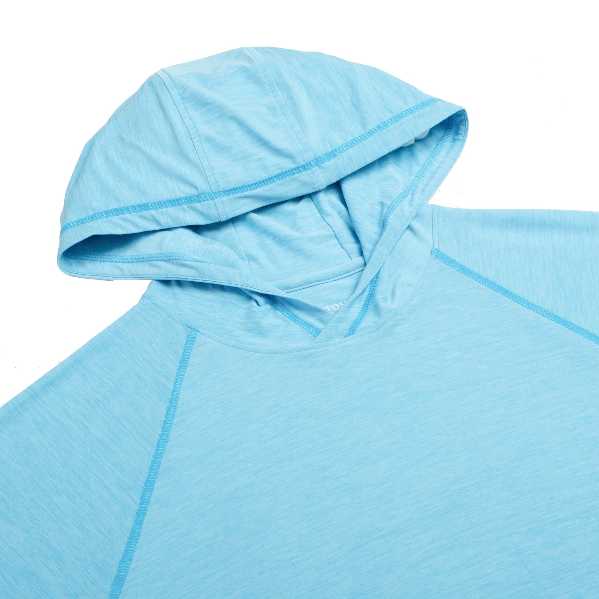 Close-up of the hood of the Marsh Hoodie in sea island blue color.