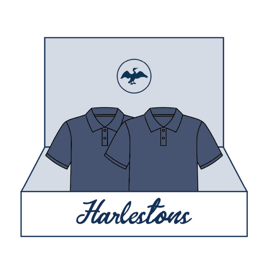 Vector of an opening box with the Harleston's Cormorant logo and two T-shirts polo style inside.