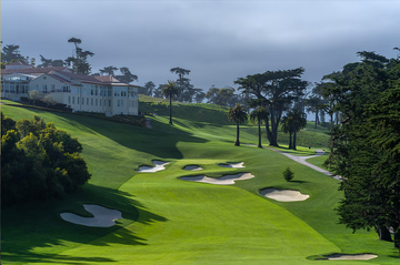 Elegant golf course with lush green grass, surrounded by trees against a cloudy sky.