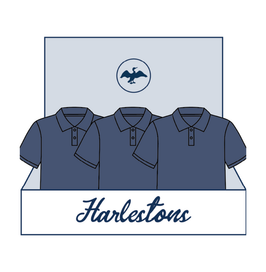 Vector of an opening box with the Harleston's Cormorant logo and three T-shirts polo style inside.