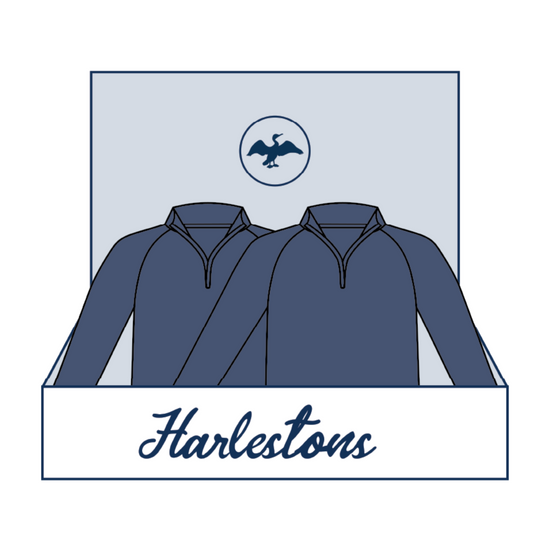 Vector of an opening box with the Harleston's Cormorant logo and two T-shirts layers inside.