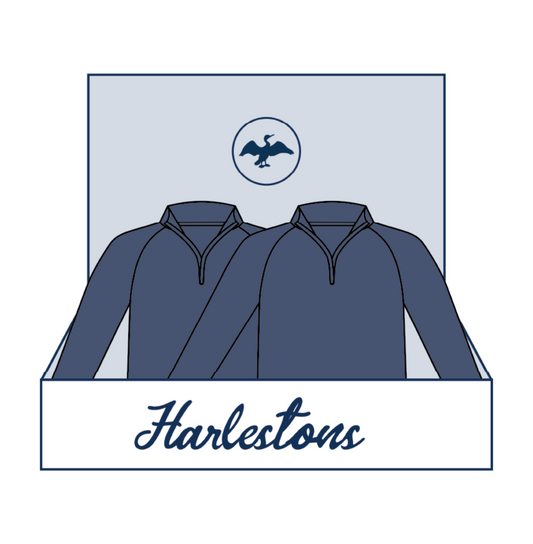 Vector of an opening box with the Harleston's Cormorant logo and two T-shirts layers inside.