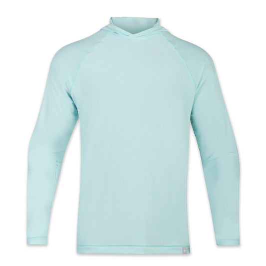 The Marsh Hoodie in aqua color, shown from the front.
