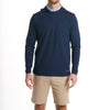 Close-up of a man wearing the Sport Hoodie in Beaufain Blue with khaki shorts, cropped from chin to knees, seen from front against a solid white background.