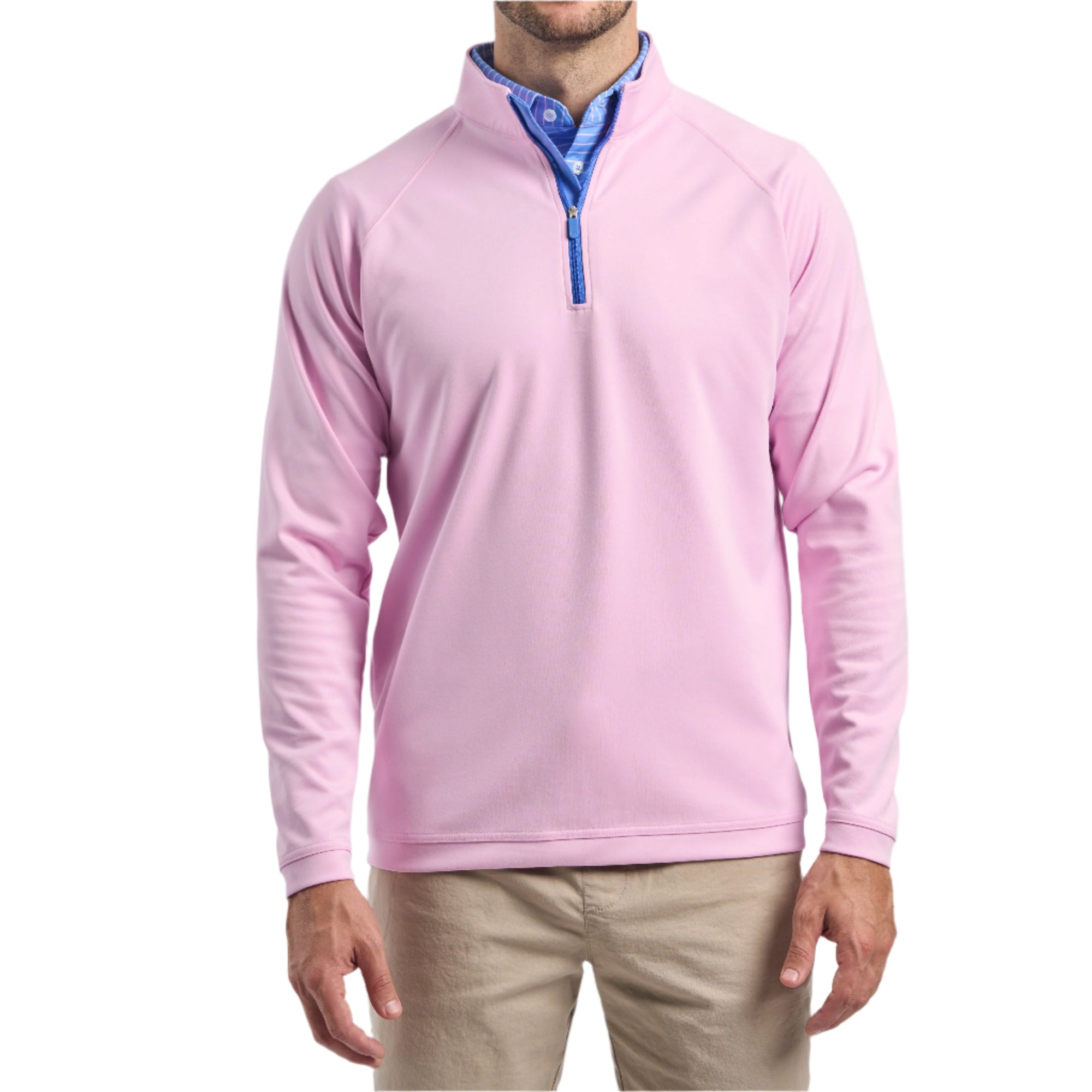 Close-up of a man wearing The Seabrook Performance 1/4 Zip in Mills Pink with white cream pants, cropped from chin to knees, against a solid white background.