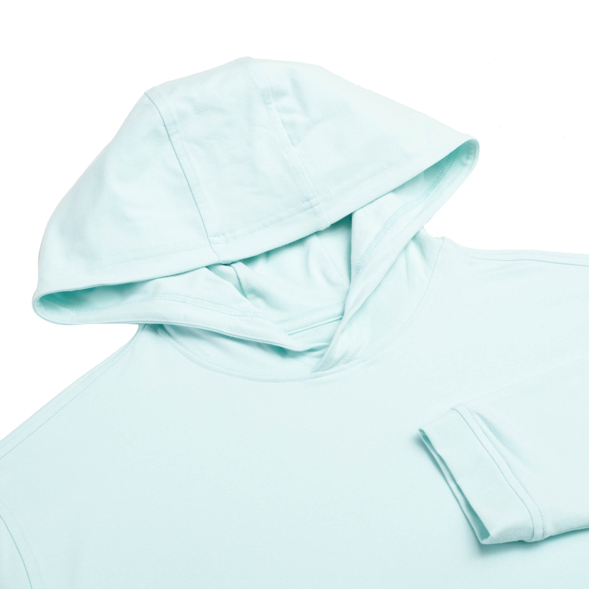 Close-up of the hood of the Sport Hoodie in aqua color.