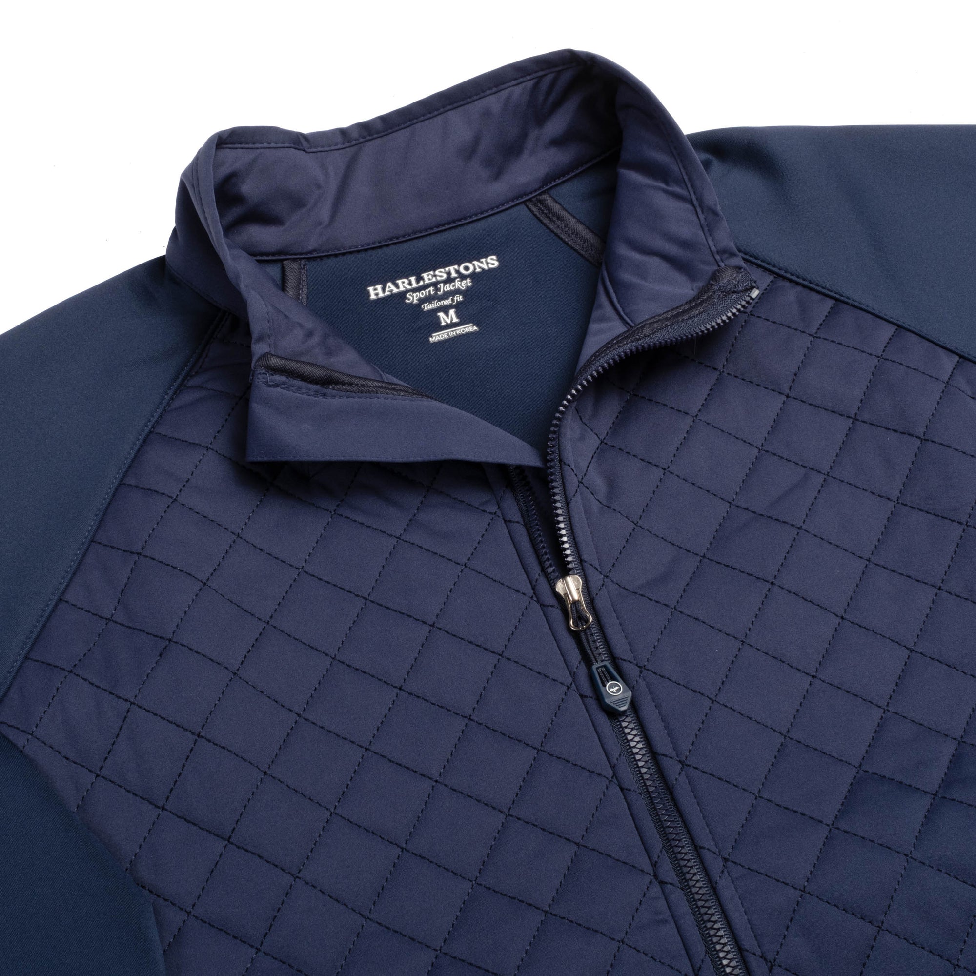 Close up of the Sport Jacket's neck area in beaufain blue and zipper closing the jacket.