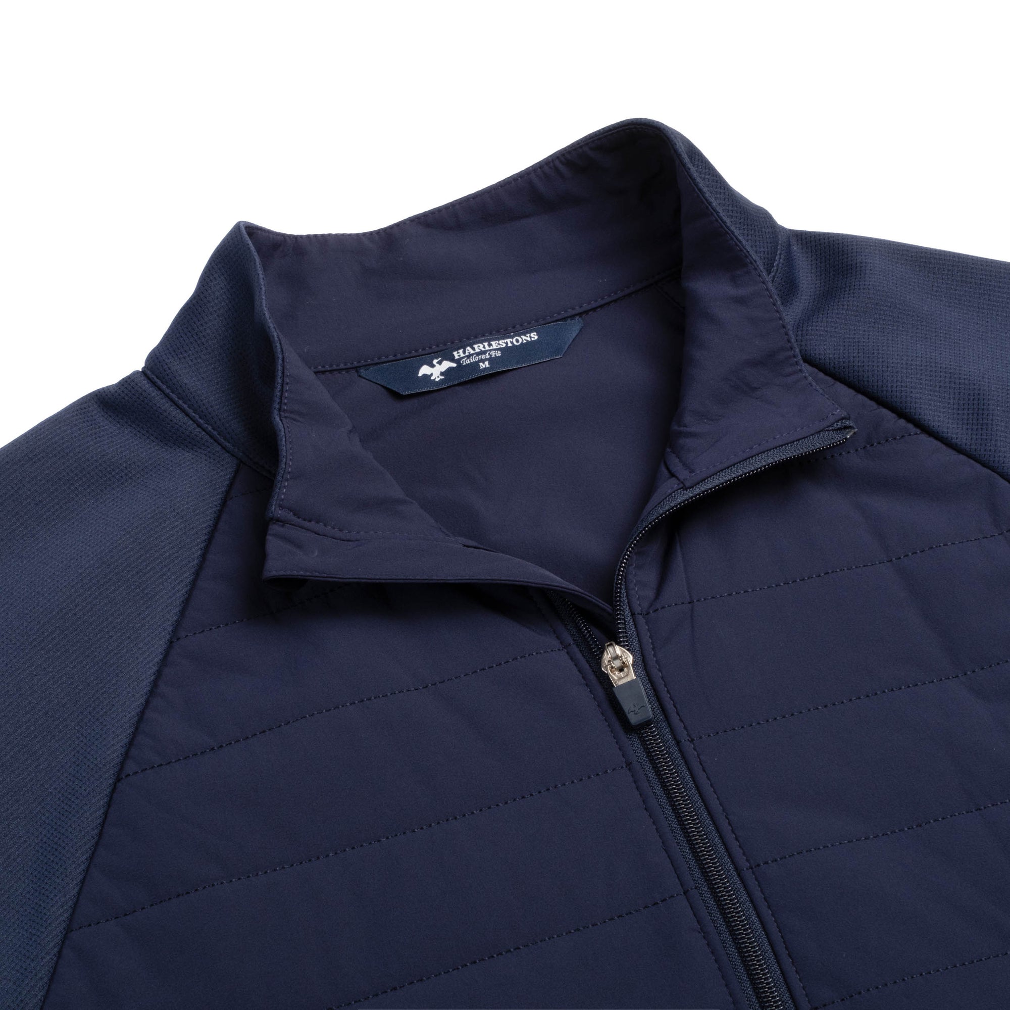 Close up of The Traveler Jacket's neck area in beaufain blue and zipper closing the jacket.