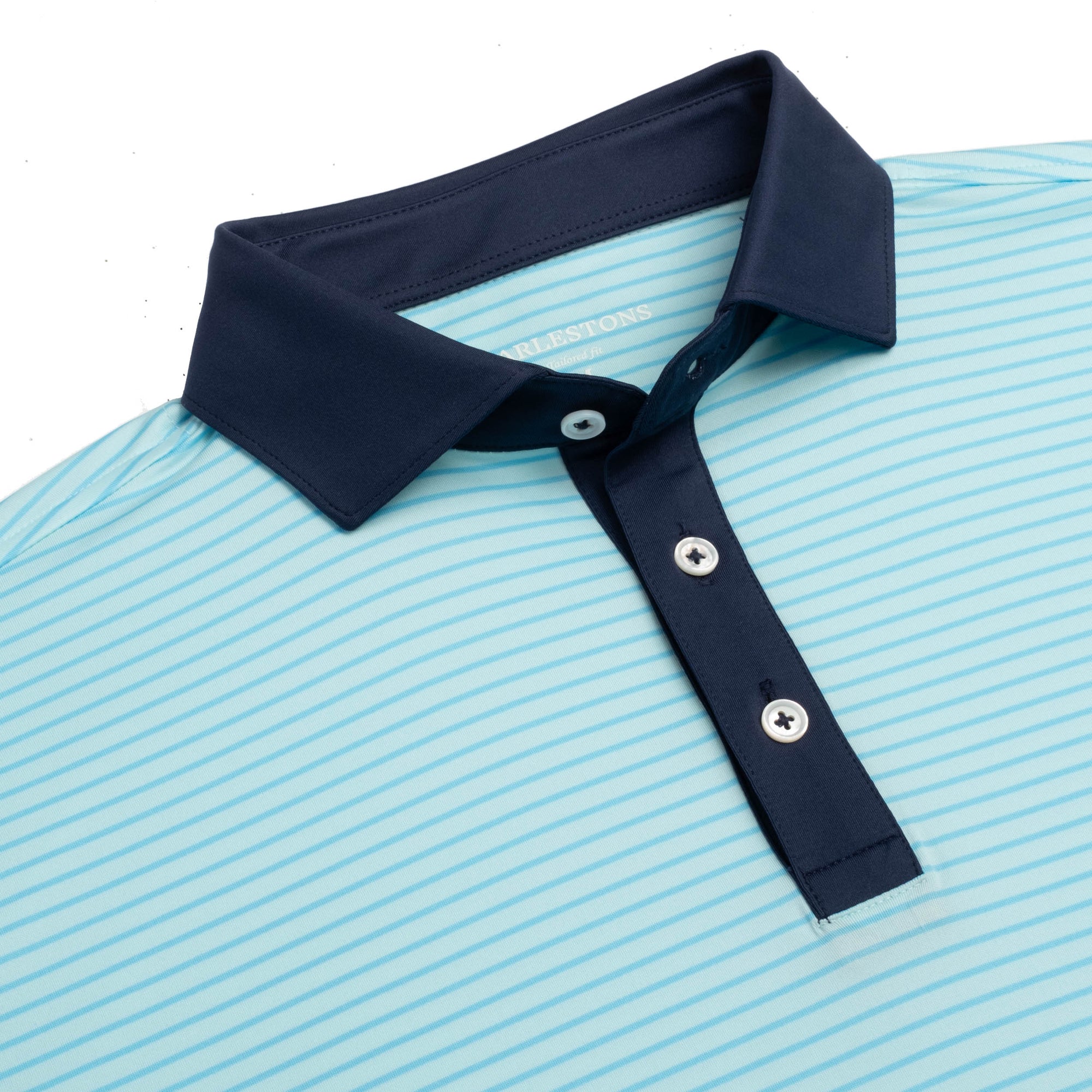 Close-up of the neck of the Preston performance polo in aqua, featuring a three-button structured collar and mother of pearl buttons.