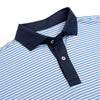 Close-up of the neck of the Preston performance polo in sonic color, featuring a three-button structured collar and mother of pearl buttons.