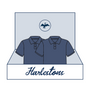 Vector of an opening box with the Harleston's Cormorant logo and two T-shirts polo style inside.